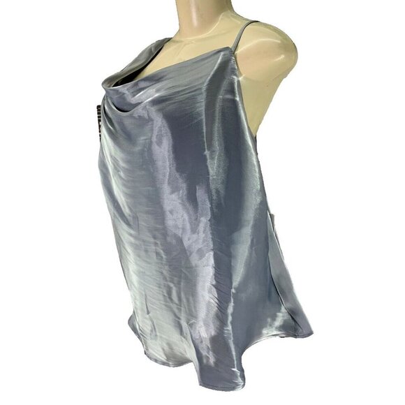 Free People XL Silver Metallic Shimmer Satin Lined Draped One Shoulder Blouse - Picture 5 of 7